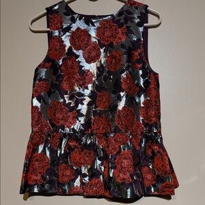 J. Crew Metallic Black Shell Top with Red Floral Burnout
